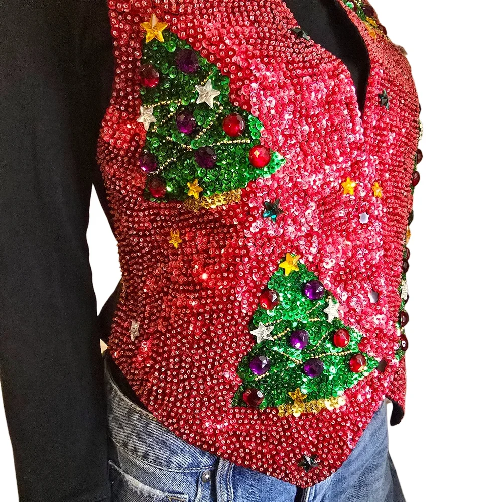 Vintage 90s JC Christmas Tree Sequin and Jewel Vest | Size Small - Picture 9 of 17